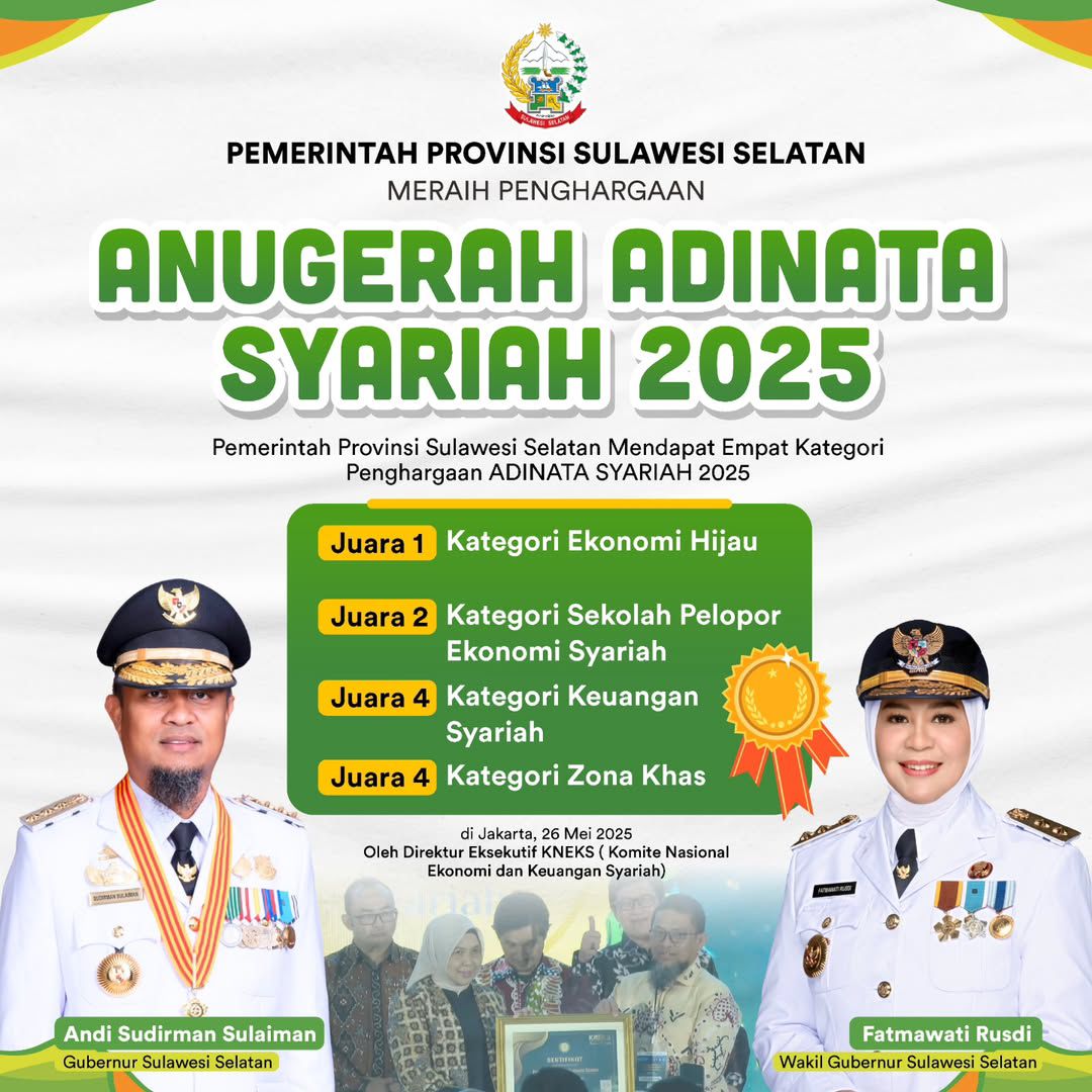Sulsel Raih 4 Penghargaan Anugerah Adinata Syariah 2025, Gubernur Andi Sudirman: Terima Kasih Seluruh Tim