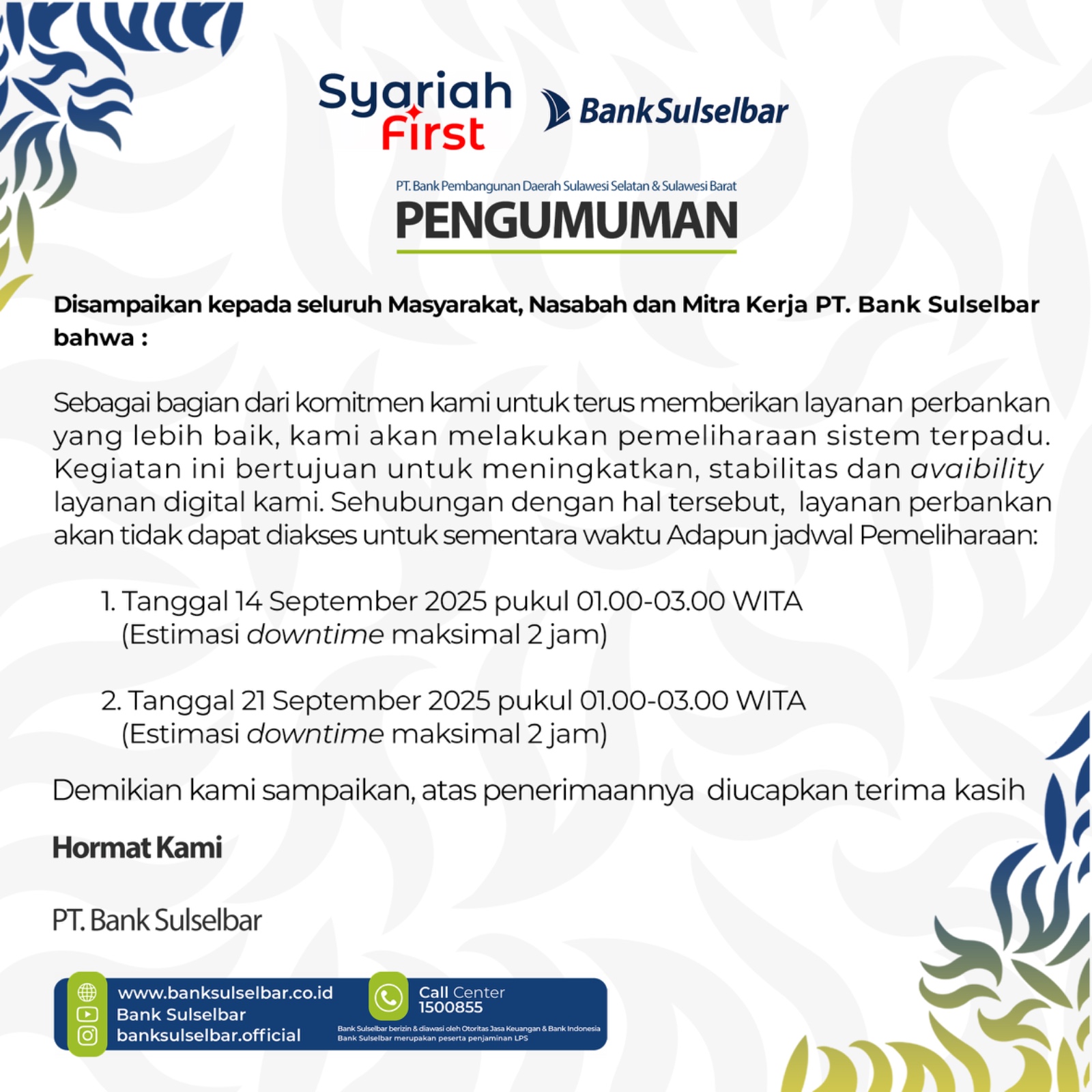 Bank Sulselbar Umumkan Jadwal Pemeliharaan Sistem, Layanan Sempat Tidak Dapat Diakses