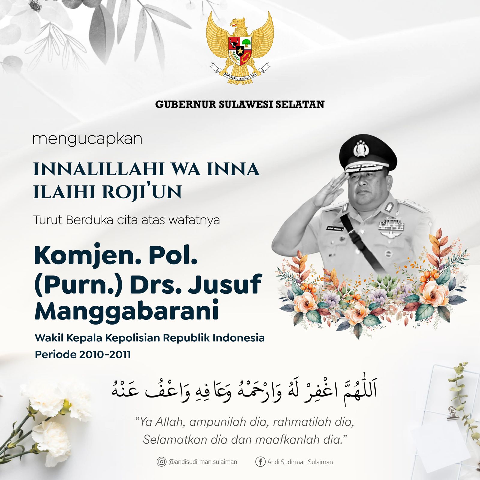 Gubernur Sulsel Sampaikan Duka Cita atas Wafatnya Mantan Wakapolri Komjen Pol (Purn) Jusuf Manggabarani