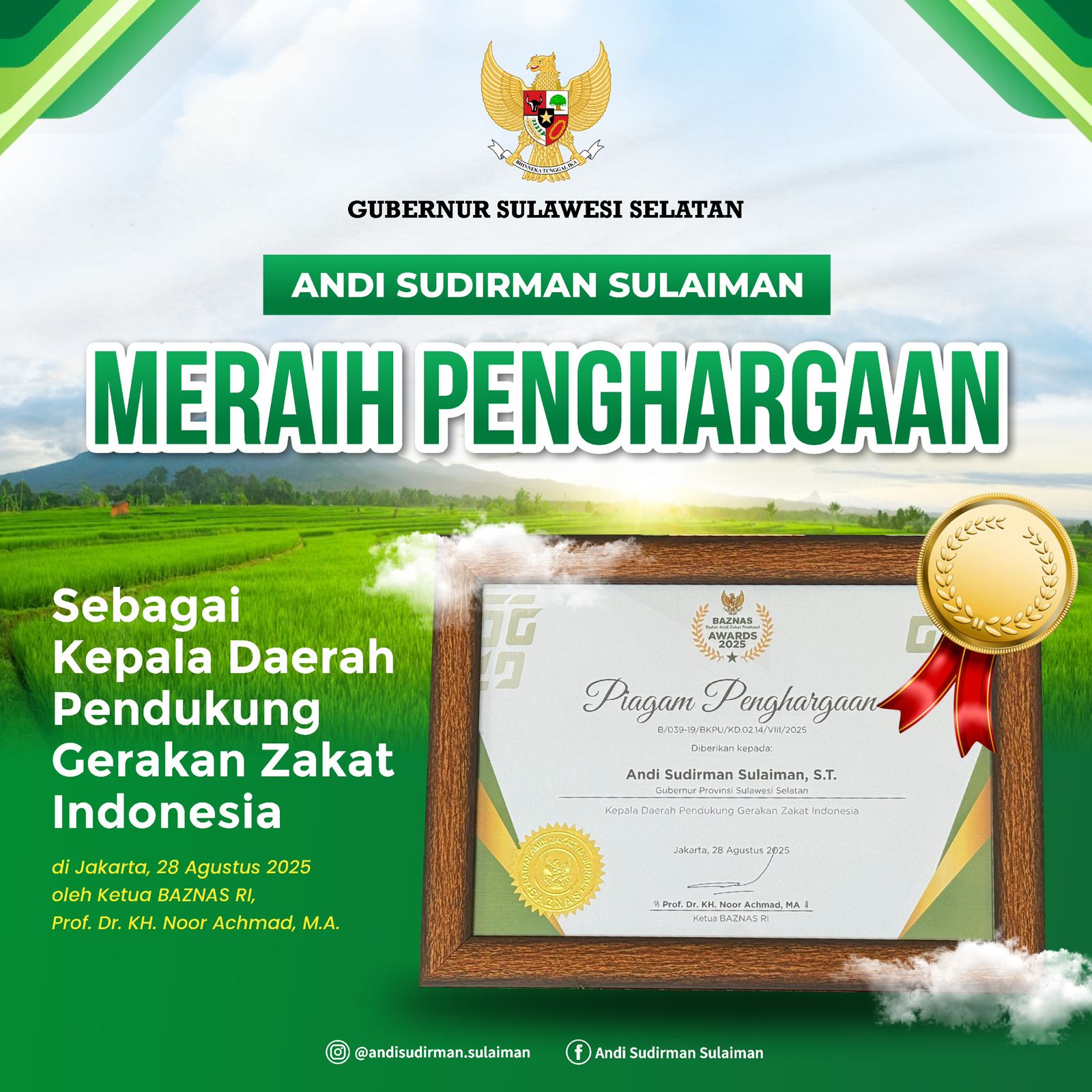 Gubernur Andi Sudirman Raih Baznas Awards 2025 atas Dukungan Pengelolaan Zakat