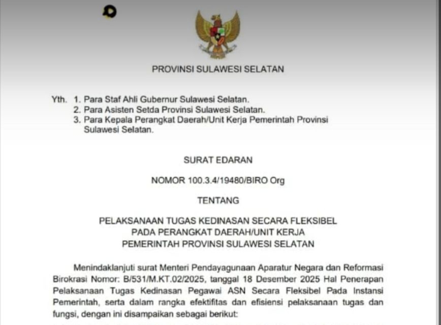 Akhir Tahun, ASN Pemprov Sulsel Diperbolehkan Bekerja dari Rumah