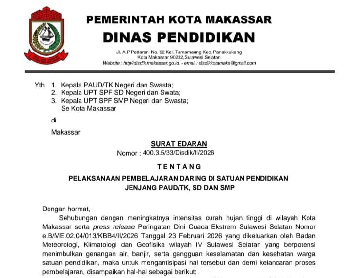 Antisipasi Cuaca Buruk, Disdik Makassar Keluarkan SE Belajar dari Rumah