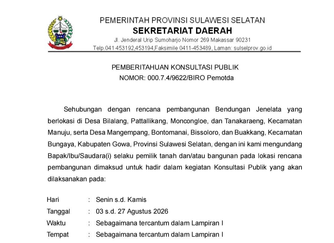 Pemprov Sulsel Mulai Tahap Konsultasi Publik Pengadaan Tanah Bendungan Jenelata