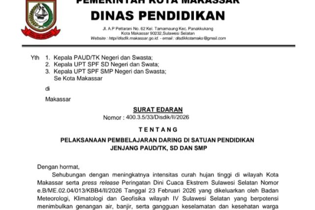 Antisipasi Cuaca Buruk, Disdik Makassar Keluarkan SE Belajar dari Rumah