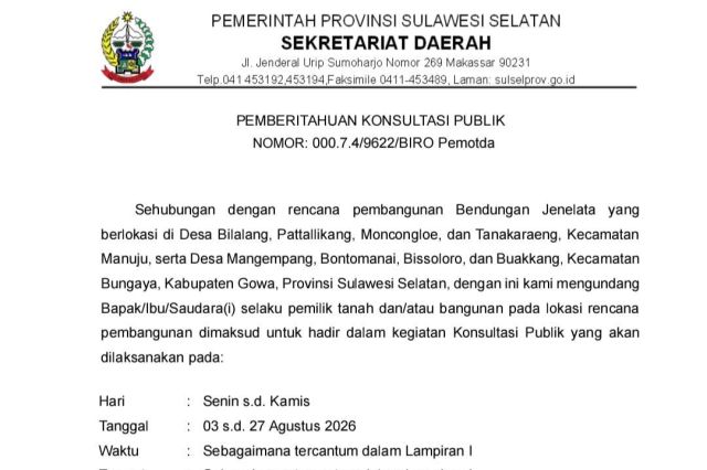 Pemprov Sulsel Mulai Tahap Konsultasi Publik Pengadaan Tanah Bendungan Jenelata